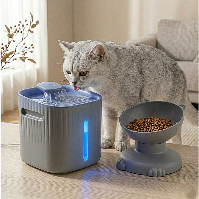 KIT HIDRATAÇÃO PLUS LUME – Fonte Silenciosa com Filtro e Comedouro Acoplado para Gatos – Funcionamento Silencioso e USB
